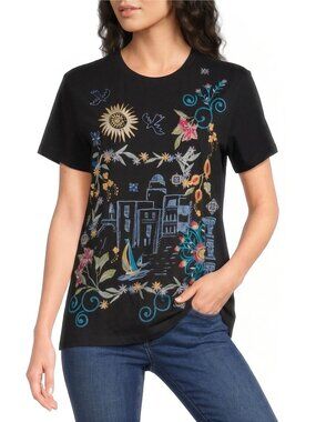 Johnny Was Santorini Crew Short Tee Floral Embroidery Shirt Cotton Black Top NEW